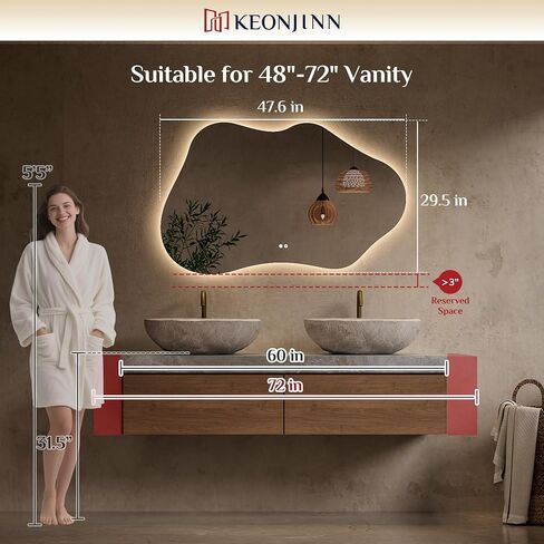Keonjinn 48 x 30 In Irregular Backlit Bathroom Mirror with Lights, Asymmetrical Cloud LED Bathroom Mirror with Tempered Glass, 3 Color Lights, Dimmable, Anti-Fog, Memory Function (Horizontal/Vertical) in Saudi Arabia
