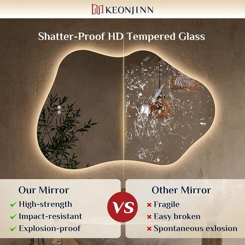 Keonjinn 48 x 30 In Irregular Backlit Bathroom Mirror with Lights, Asymmetrical Cloud LED Bathroom Mirror with Tempered Glass, 3 Color Lights, Dimmable, Anti-Fog, Memory Function (Horizontal/Vertical) in Saudi Arabia