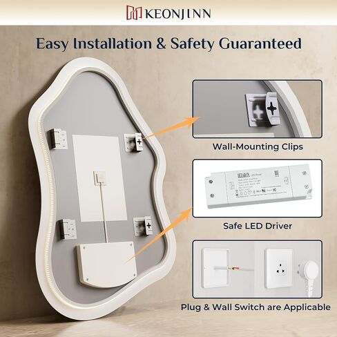 Keonjinn 48 x 30 In Irregular Backlit Bathroom Mirror with Lights, Asymmetrical Cloud LED Bathroom Mirror with Tempered Glass, 3 Color Lights, Dimmable, Anti-Fog, Memory Function (Horizontal/Vertical) in Saudi Arabia
