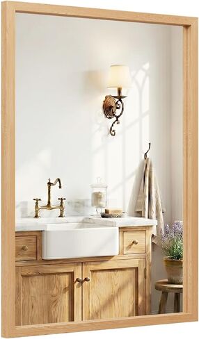 24" x 36" Natural Oak Bathroom Mirror, Moisture-Resistant Rectangular Vanity Mirror with Wood-Textured Frame, Shatterproof Tempered Glass, Japandi & Scandi Home Decor in Saudi Arabia