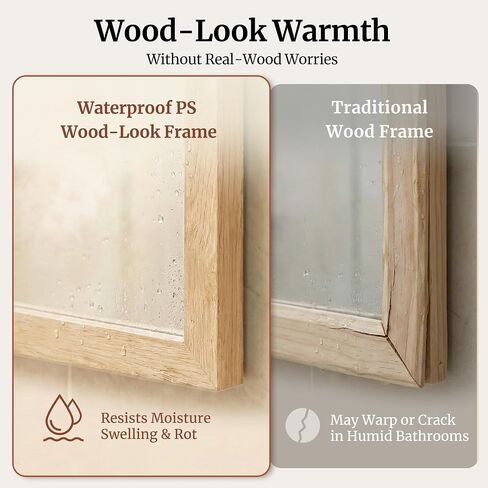 24" x 36" Natural Oak Bathroom Mirror, Moisture-Resistant Rectangular Vanity Mirror with Wood-Textured Frame, Shatterproof Tempered Glass, Japandi & Scandi Home Decor in Saudi Arabia