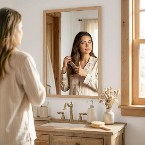 24" x 36" Natural Oak Bathroom Mirror, Moisture-Resistant Rectangular Vanity Mirror with Wood-Textured Frame, Shatterproof Tempered Glass, Japandi & Scandi Home Decor in Saudi Arabia