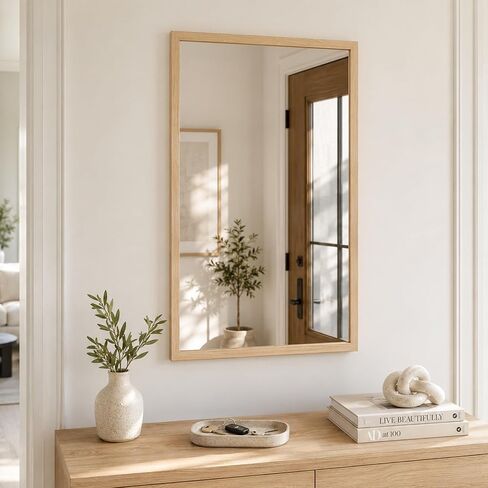 24" x 36" Natural Oak Bathroom Mirror, Moisture-Resistant Rectangular Vanity Mirror with Wood-Textured Frame, Shatterproof Tempered Glass, Japandi & Scandi Home Decor in Saudi Arabia