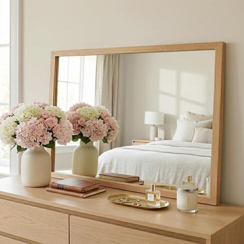 24" x 36" Natural Oak Bathroom Mirror, Moisture-Resistant Rectangular Vanity Mirror with Wood-Textured Frame, Shatterproof Tempered Glass, Japandi & Scandi Home Decor in Saudi Arabia