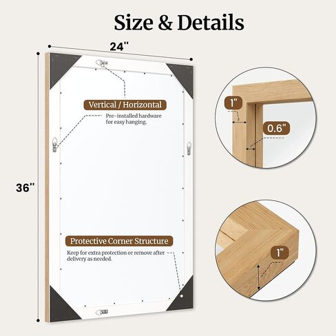 24" x 36" Natural Oak Bathroom Mirror, Moisture-Resistant Rectangular Vanity Mirror with Wood-Textured Frame, Shatterproof Tempered Glass, Japandi & Scandi Home Decor in Saudi Arabia