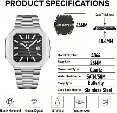 Stuhrling Original Modulus Men’s Watch – 43mm Square Stainless Steel Case, Integrated Bracelet, Sunray Dial, Luminous Hands, Quartz Movement in Kuwait