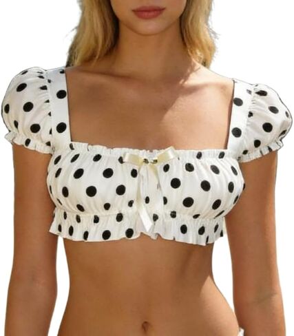 Women Cute Ruffle Top Cap Sleeve Square Neck Off The Shoulder Crop Top Summer Going Out Tees in Saudi Arabia