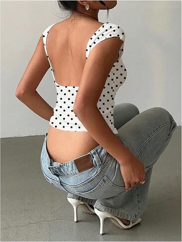 SweatyRocks المرأة مثير عارية الذراعين الخروج بلايز منقطة قارب الرقبة كم كاب المجهزة تي شيرت in Kuwait