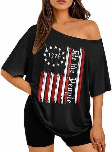 Women Fourth of July Patriotic Tops America Flag Cold Shoulder Shirt Oversized USA Stars Stripes Shirt in Kuwait