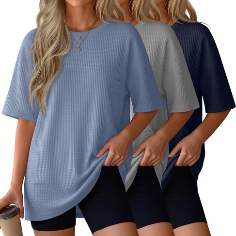 Oakgarden 3 Pack Women's Oversized Waffle Knit T Shirts Half Sleeve Crewneck Tops Casual Loose Drop Shoulder Fashion Tees in Kuwait