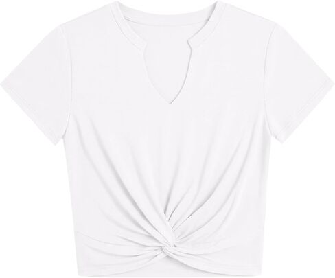 Hilinker Womens Twist Front Crop Tops Sexy Summer Short Sleeve Notch V Neck T Shirt in Kuwait