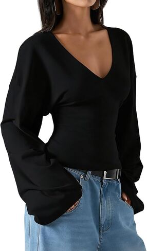 FAIMILORY Women's V-Neck Waist Cinching Solid Color Batwing Top Long Wide Sleeve Comfortable Casual Versatile T-Shirt in Saudi Arabia