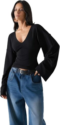 FAIMILORY Women's V-Neck Waist Cinching Solid Color Batwing Top Long Wide Sleeve Comfortable Casual Versatile T-Shirt in Saudi Arabia