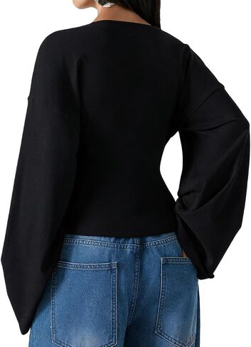 FAIMILORY Women's V-Neck Waist Cinching Solid Color Batwing Top Long Wide Sleeve Comfortable Casual Versatile T-Shirt in Saudi Arabia