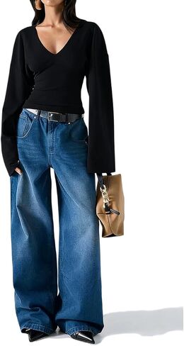 FAIMILORY Women's V-Neck Waist Cinching Solid Color Batwing Top Long Wide Sleeve Comfortable Casual Versatile T-Shirt in Saudi Arabia