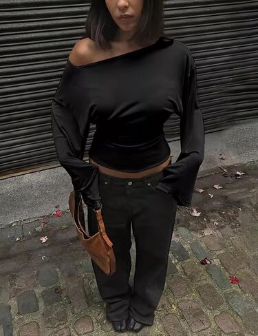 FAIMILORY Women's V-Neck Waist Cinching Solid Color Batwing Top Long Wide Sleeve Comfortable Casual Versatile T-Shirt in Saudi Arabia