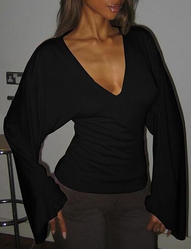 FAIMILORY Women's V-Neck Waist Cinching Solid Color Batwing Top Long Wide Sleeve Comfortable Casual Versatile T-Shirt in Saudi Arabia