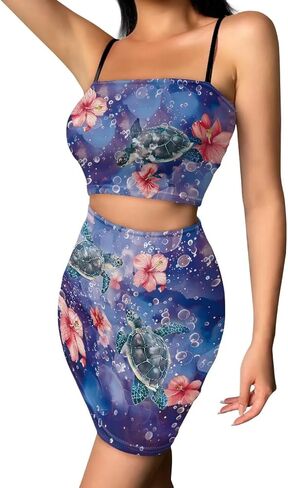 Biyejit Women's Novelty Printed Cami Crop Top Bodycon Skirt 2 Piece Outfits Dress in Kuwait