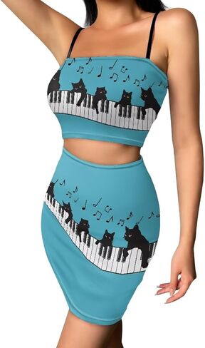 Biyejit Women's Novelty Printed Cami Crop Top Bodycon Skirt 2 Piece Outfits Dress in Kuwait