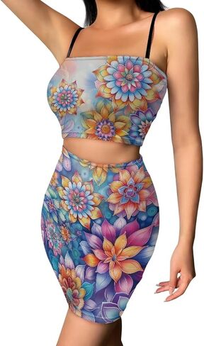 Biyejit Women's Novelty Printed Cami Crop Top Bodycon Skirt 2 Piece Outfits Dress in Kuwait