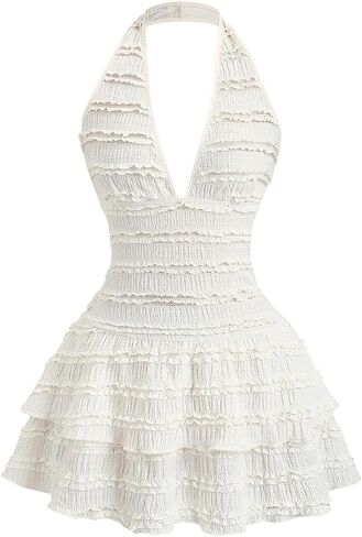 BEAUDRM Women's Ruffle Halter Mini Dress Y2k Frill Trim Layered Deep V Backless Sleeveless A Line Going Out Dress in Kuwait