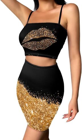 Biyejit Women's Novelty Printed Cami Crop Top Bodycon Skirt 2 Piece Outfits Dress in Kuwait
