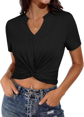Hilinker Womens Twist Front Crop Tops Sexy Summer Short Sleeve Notch V Neck T Shirt in Kuwait