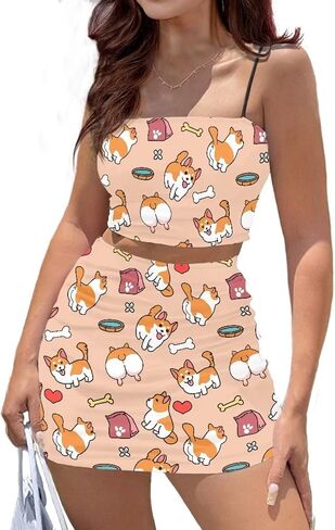 Biyejit Women's Novelty Printed Cami Crop Top Bodycon Skirt 2 Piece Outfits Dress in Kuwait