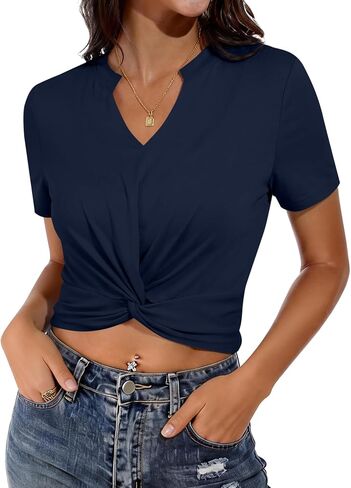 Hilinker Womens Twist Front Crop Tops Sexy Summer Short Sleeve Notch V Neck T Shirt in Kuwait