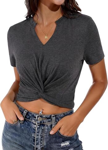 Hilinker Womens Twist Front Crop Tops Sexy Summer Short Sleeve Notch V Neck T Shirt in Kuwait