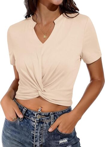 Hilinker Womens Twist Front Crop Tops Sexy Summer Short Sleeve Notch V Neck T Shirt in Kuwait