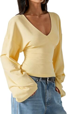 FAIMILORY Women's V-Neck Waist Cinching Solid Color Batwing Top Long Wide Sleeve Comfortable Casual Versatile T-Shirt in Saudi Arabia