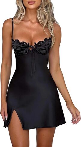 Women Lace Satin Mini Slip Dress Y2k Spaghetti Strap Low Cut Cami Split Short Dress Party Clubwear in Kuwait
