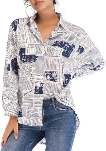 RINTONIX Women Sexy V Neck Letter Print Button Up Shirt 3/4 Sleeve Drape Shoulder Newspaper Work Button Blouse in Saudi Arabia