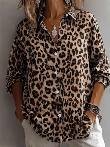 Women's Classic Leopard Print Button Down Shirt Collared Long Sleeve Loose Fit Casual Blouse in Kuwait