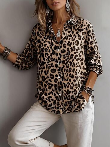 Women's Classic Leopard Print Button Down Shirt Collared Long Sleeve Loose Fit Casual Blouse in Kuwait