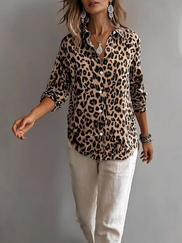 Women's Classic Leopard Print Button Down Shirt Collared Long Sleeve Loose Fit Casual Blouse in Kuwait