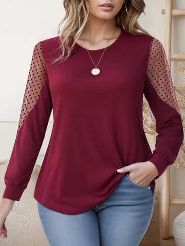 Womens Crew Neck Long Sleeve Plus Size Shirts Solid Color Mesh Patchwork Loose Fall Casual Tops Blouses in Kuwait