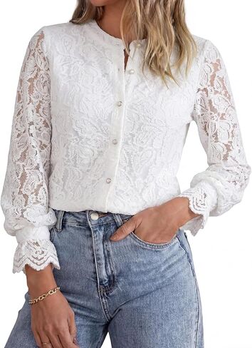 Womens Dressy Tops Blouses Casual Shirts Lace Long Sleeve Button Up Spring Fall in Saudi Arabia