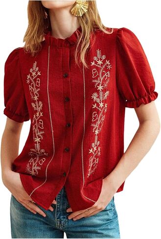 GORGLITTER Women's Floral Embroidered Tops Blouses Ruffle Short Puff Sleeve Button Down Summer Dressy Shirts in Kuwait