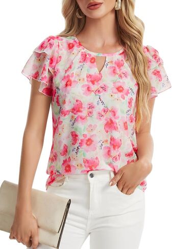 Womens Chiffon Dressy Blouses Casual Ruffle Sleeve Work Tops Summer Shirts in Saudi Arabia