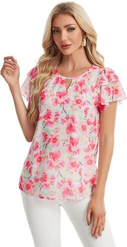 Womens Chiffon Dressy Blouses Casual Ruffle Sleeve Work Tops Summer Shirts in Saudi Arabia