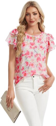 Womens Chiffon Dressy Blouses Casual Ruffle Sleeve Work Tops Summer Shirts in Saudi Arabia
