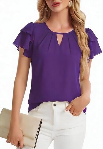 Womens Chiffon Dressy Blouses Casual Ruffle Sleeve Work Tops Summer Shirts in Saudi Arabia