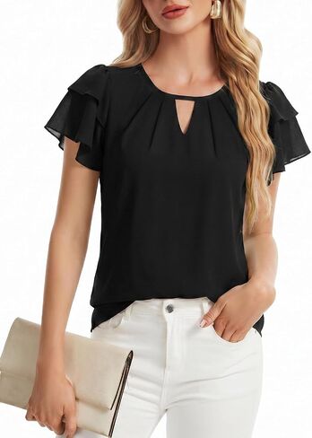 Womens Chiffon Dressy Blouses Casual Ruffle Sleeve Work Tops Summer Shirts in Saudi Arabia