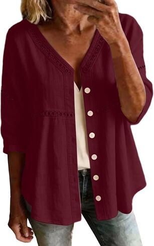 Cotton Linen Blouse for Women Button Down 3/4 Sleeve Eyelet Cardigan Lace Trim Solid Color Dressy Casual Shirt in Saudi Arabia