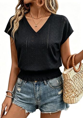 Eyelet Tops V Neck for Women Summer Smocked Waist Crewneck Short Sleeve Tee Fashion Crop Tops Casual Plain T Shirts 2026 in Saudi Arabia