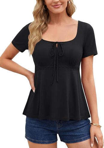 LYANER Women's Tie Front Square Neck Ruffle Ruched Short Sleeve Elegant Top Shirt in Kuwait