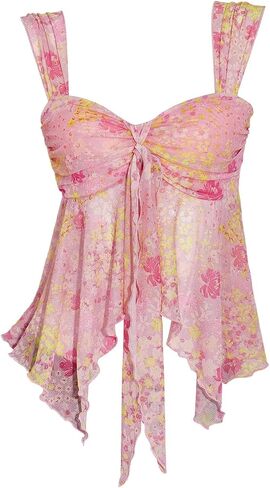 SweatyRocks Women's Tie Front Floral Mesh Asymmetrical Ruffle Flowy Tops Boho Vacation Peplum Going Out Tank Top in Kuwait