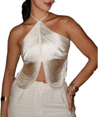 Women Cowl Neck Sparkly Fringe Crop Top Y2k Sequin Tassel Draped Halter Cami Tank Tops Sexy Club Party Night in Saudi Arabia